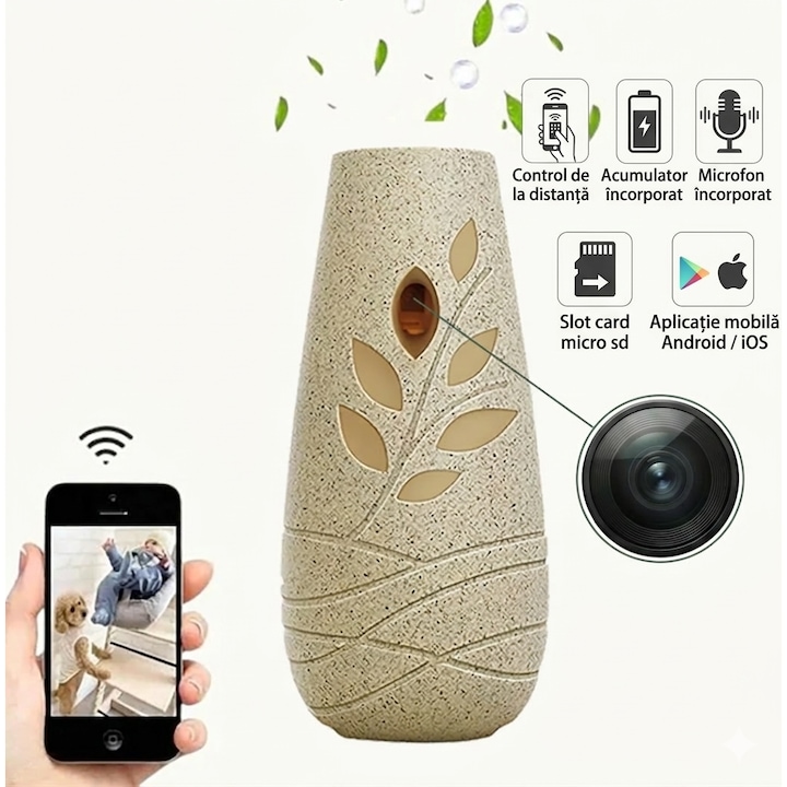 Camera Spion WiFi Ascunsa in Odorizant de Camera N2L Store®, Full HD 1920x1080P, Monitorizare Live pe Telefon, Detectie Miscare, Inregistrare Audio-Video, Bej