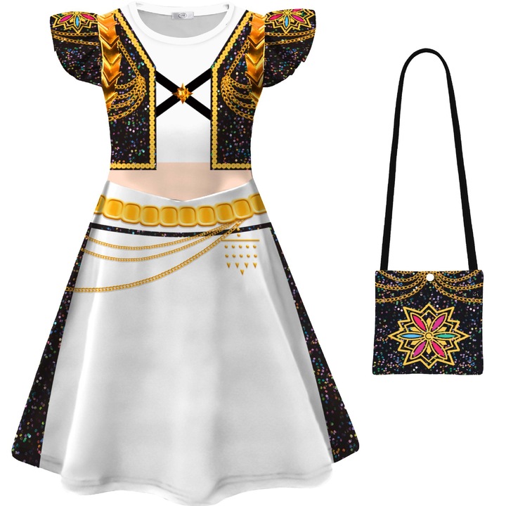 Costum cosplay fata, 130cm, rochie din matase, maneci fluture, set cu geanta