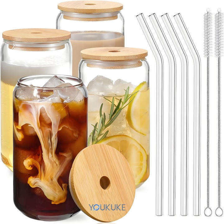 Set 4 pahare cu paie si perii curatare, YOUKUKE®, Capac din bambus, material din sticla, 4x450ml, poate rezista la -20°C pana la 150°C, fara plumb si BPA, margini netede, poate fi folosit pentru cola, cafea si bere, transparent