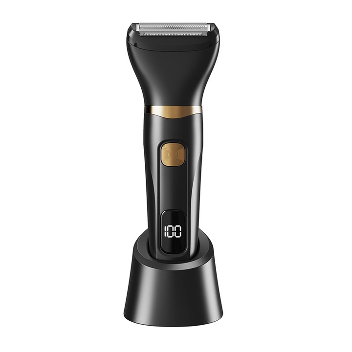Trimmer electric 3-in-1 pentru barbati, aparat de tuns si epilat multifunctional, rezistent la apa, cu 3 capete interschimbabile, display digital, reincarcabil USB, negru-auriu