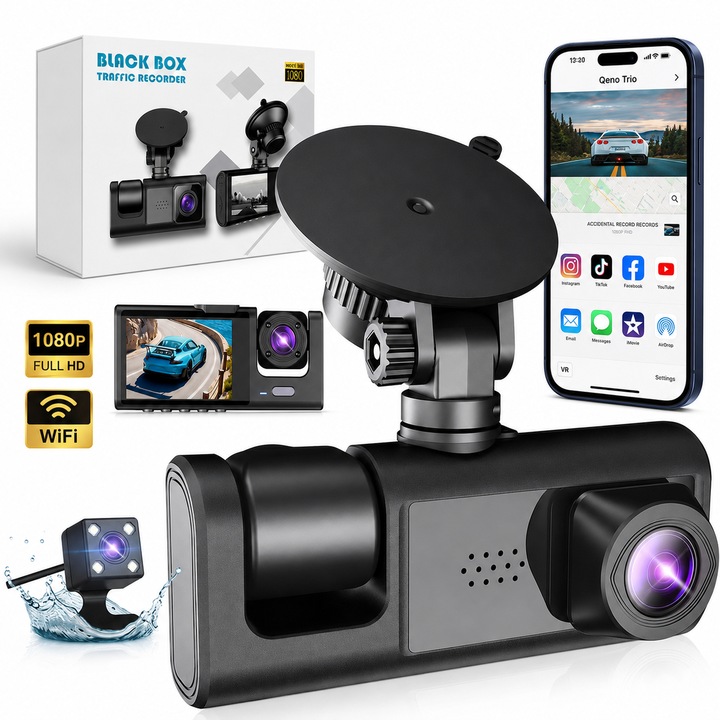 Kamera autós DVR TRIO High PRO, 3 lencse, Full HD 1080P, 170 fokos látószög, éjjellátó, 2" IPS kijelző