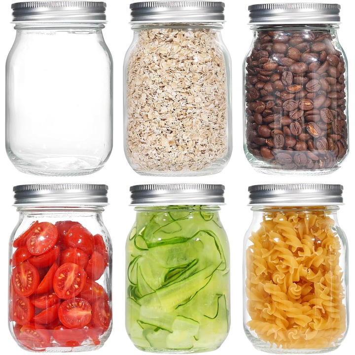 6 db üveg befőttesüveg légmentesen záródó tetővel, 500 ml-es üveg, konyhai tárolóedény, lekváros üvegek, házi lekváros üvegek, élelmiszerek tartósítására, tárolására, fermentálására, átlátszó