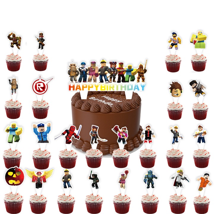 Set Topper Tort La multi ani Copii Roblox, Decoratiuni Tort si Cupcake, 25 Buc, Topper Set, Petrecere Zi de Nastere