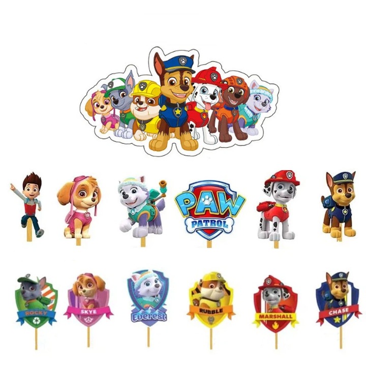 Set Decoratiuni Tort Paw Patrol, Topper Tort Copii, 13 Buc, Decoratiuni Petrecere Zi de Nastere
