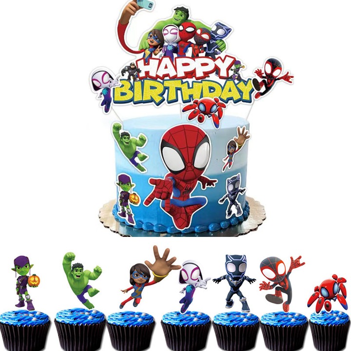 Set Decoratiuni Tort Spiderman, Topper Tort Copii, 9 Buc, Decoratiuni Petrecere Zi de Nastere