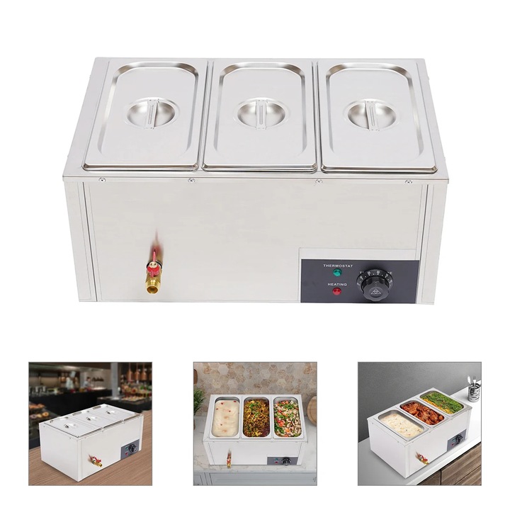 Încălzitor de mâncare, inox, 3 tavi x 7 l, argintiu, pentru bufet