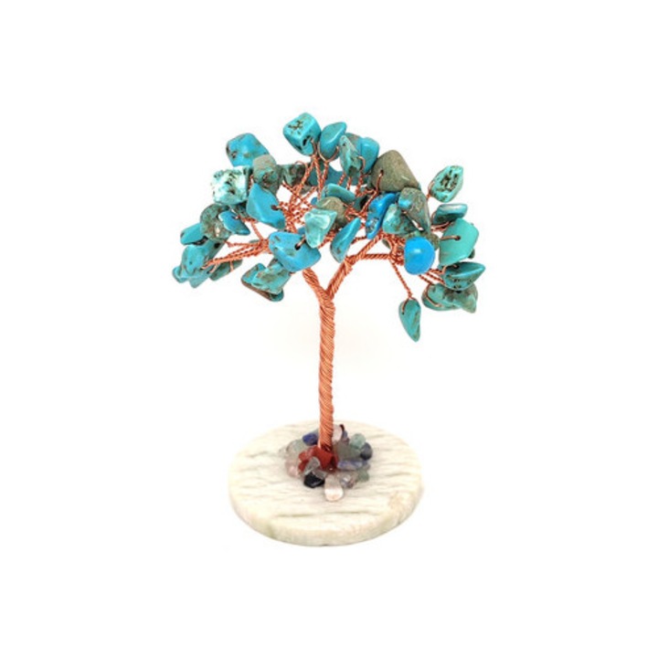 Arbore mineral din cupru cu jad turquenit pe placă de 8cm