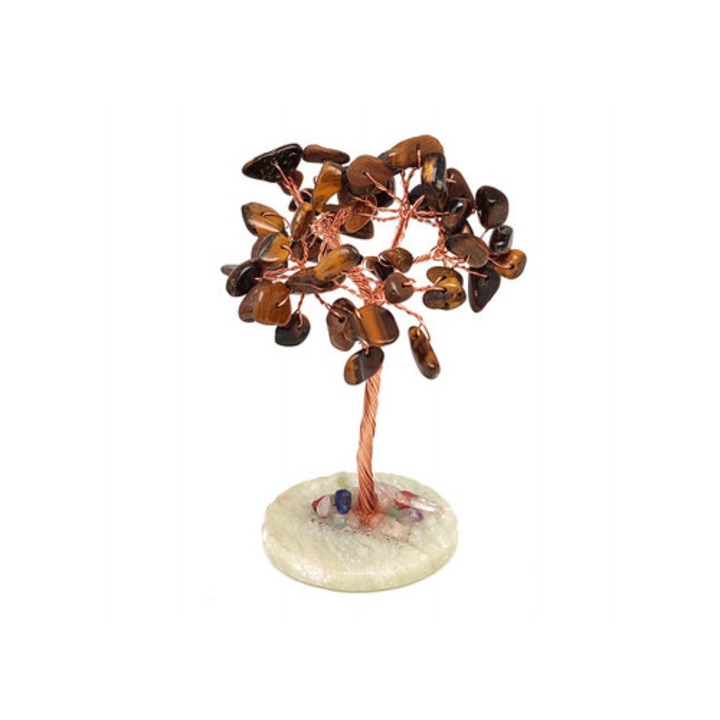 Copac mineral din cupru cu Ochi de Tigru pe placă de jad 8cm