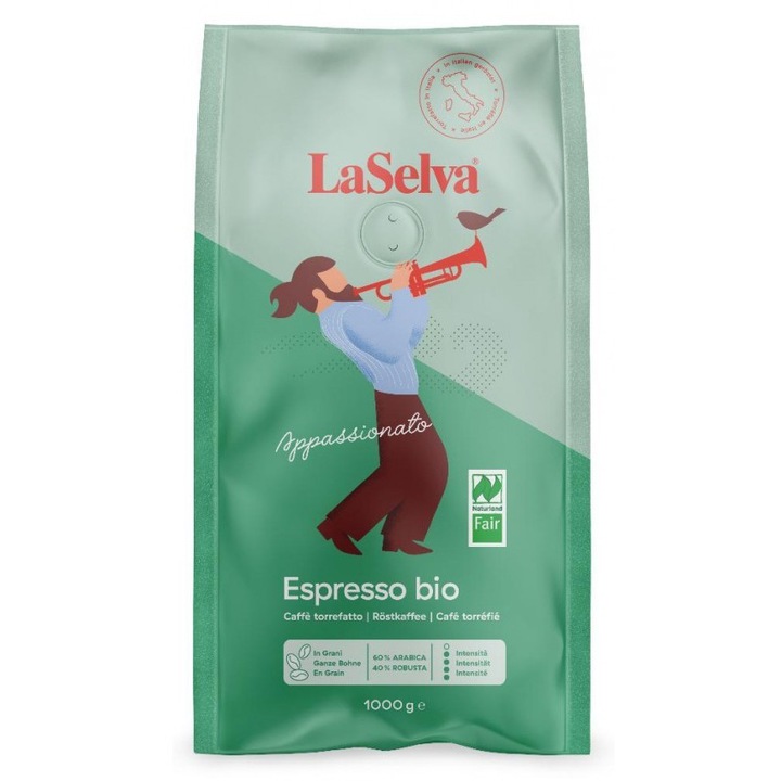 Set 2 x Cafea Espresso Appassionato Boabe Bio si Fairtrade, 60% Arabica 40% Robusta, 1000 g, La Selva