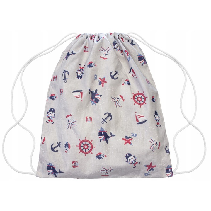 Rucsac scolar bumbac 34x40 cm pirat, ancore, barci, balene, alb cu imprimeu colorat