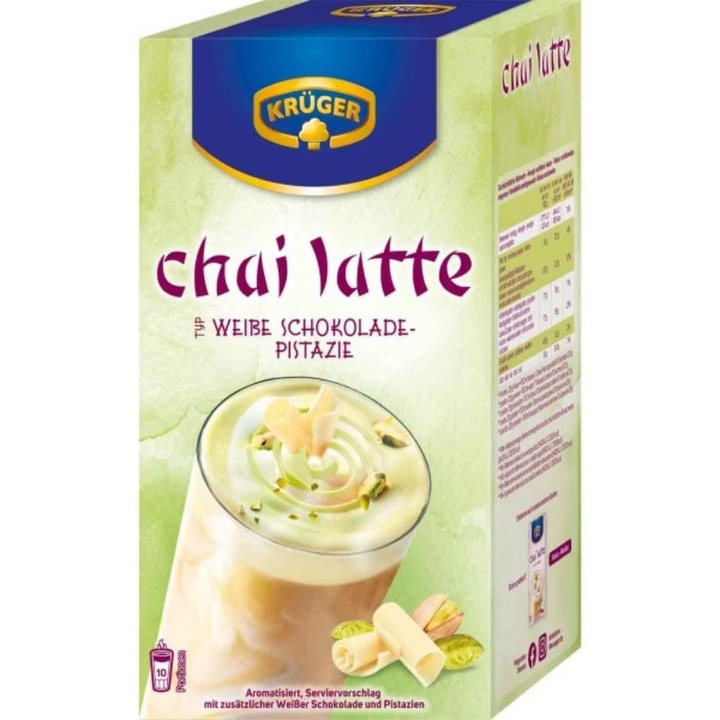 Ceai Kruger Chai Latte Ciocolată Albă cu Fistic, set 10 plicuri x 25 g, aromă de ciocolată