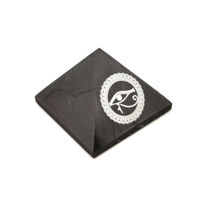 Шунгитова пирамида Окото на Хор с посребрена лепенка 6см