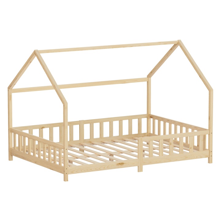 Pat casuta pentru copii ML-Design 140 x 200 cm, cadru robust din lemn masiv de pin, culoare naturala, protectie anti-cadere, acoperis si somiera cu lamele, mobilier montessori pentru baieti si fete