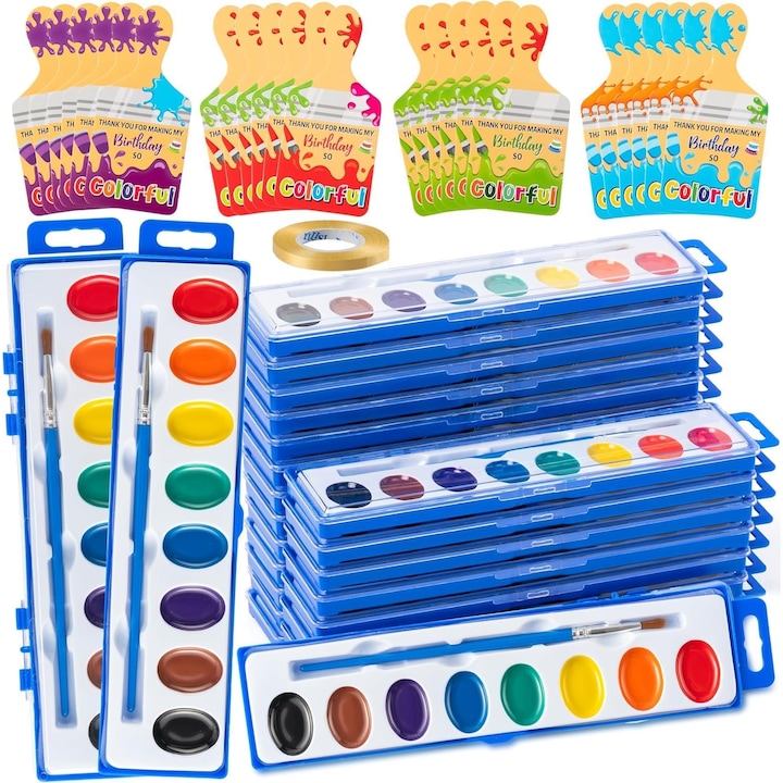 Set Complet 24 Acuarele pentru Copii – 8 Culori Vibrante, Pensula Inclusa, Felicitari si Panglici, Ideal pentru Gradinite si Aniversari
