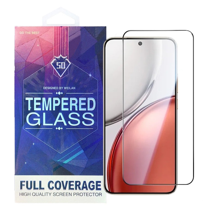 Folie de sticlă compatibilă Honor Magic8 Lite 5G – ecran complet, securizată, cu ramă neagră, sticlă securizată 5D
