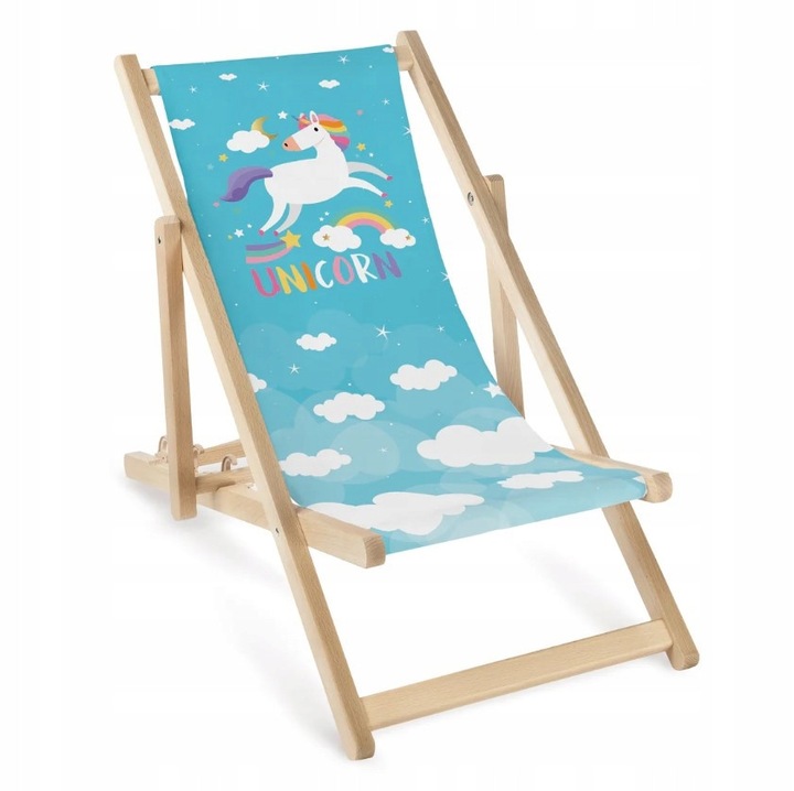 Lezak copii din lemn, Allbag, unicorn albastru, material rezistent la apa, dimensiuni 95x46,5cm, pentru copii pana la 120cm