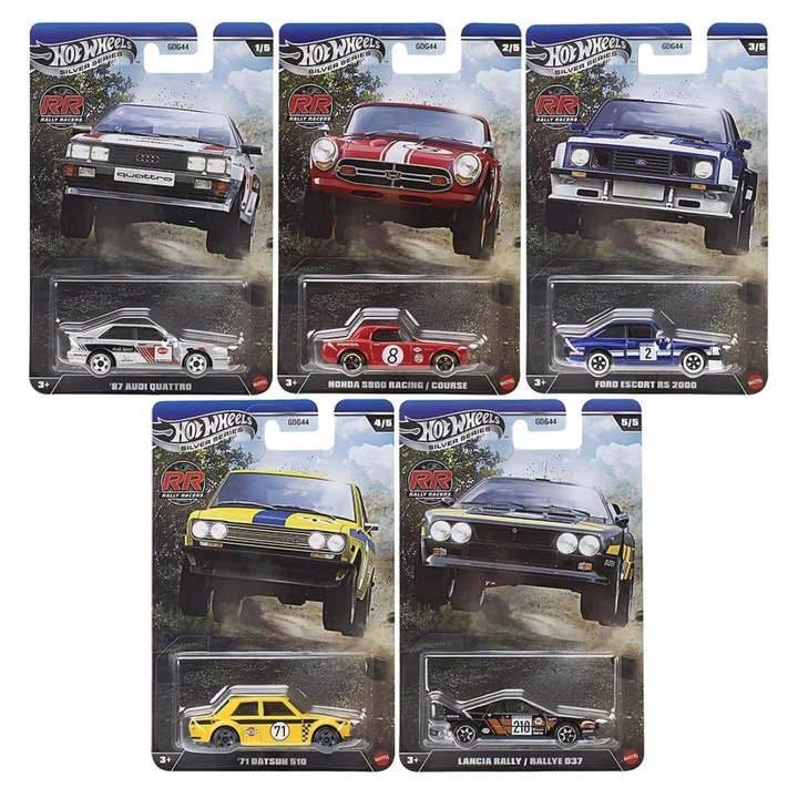 Set 5 masinute Hot Wheels Rally Racers Silver Series : Audi Quattro, Honda S800, Ford, Datsun 510, Lancia