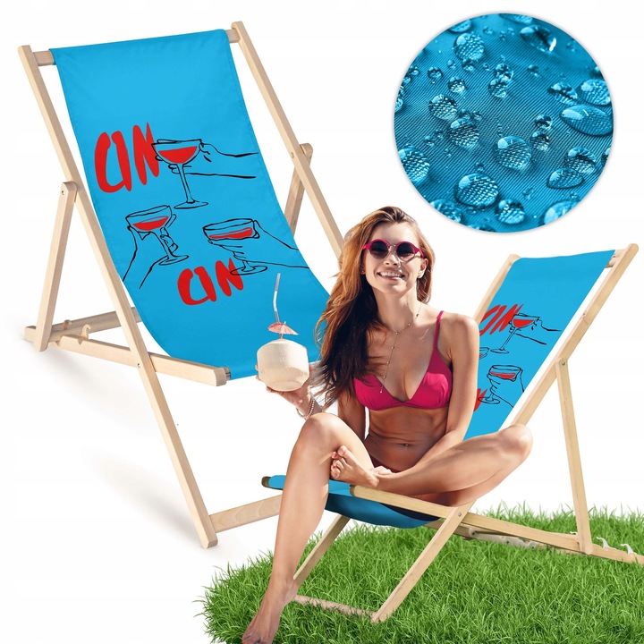Lezak din lemn, Allbag, cu imprimeu vin milkshake, 55x120cm, material poliester, 3 trepte de inaltime, pentru plaja, terasa, balcon