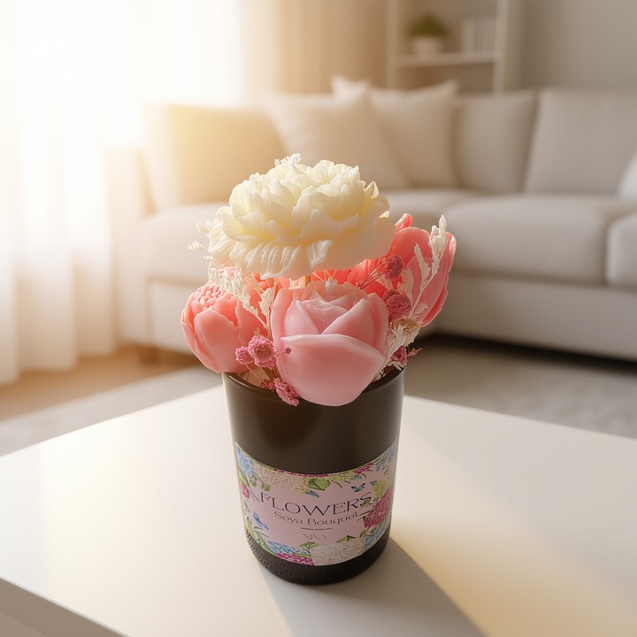 Lumanare parfumata Buchet Flori roz cu alb