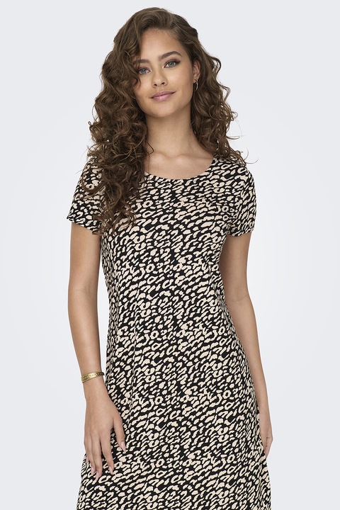 Only, Rochie-tricou cu decolteu in V pe partea din spate si model, Negru/Bej