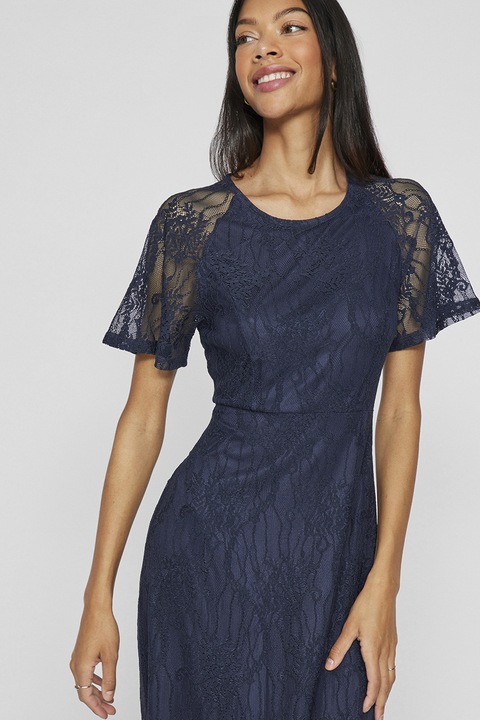 Vila, Rochie lunga de dantela cu maneci semi-transparenre, Bleumarin