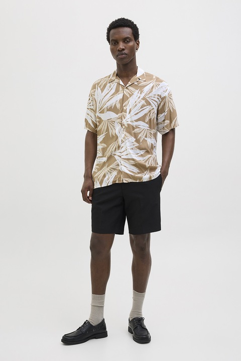 Jack & Jones, Rövid ujjú trópusi mintás ing, Fehér/Világosbarna