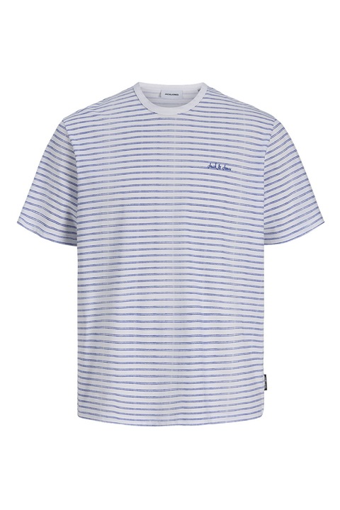 Jack & Jones, Tricou in dungi cu decolteu la baza gatului, Alb/Albastru