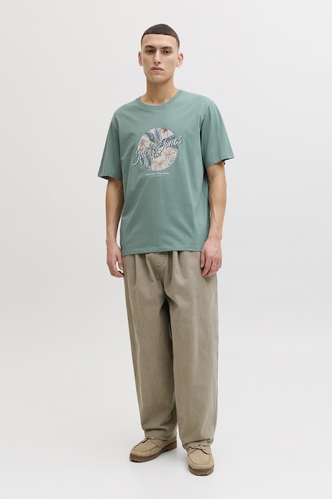 Jack & Jones, Tricou de bumbac cu imprimeu grafic si logo, Verde deschis