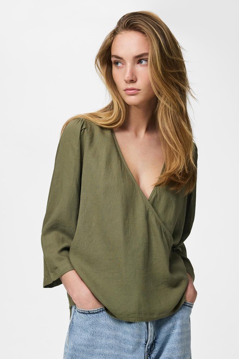 Pieces, Bluza din amestec de in cu model petrecut, Kaki