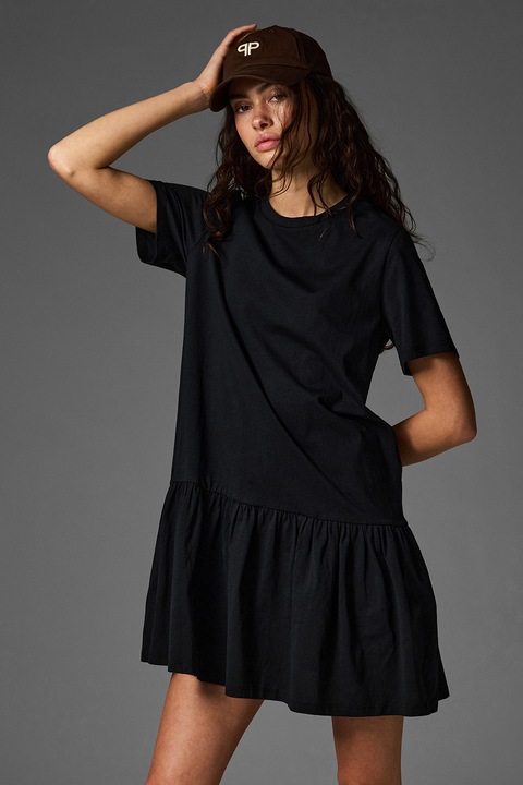 Pieces, Rochie evazata din amestec de bumbac organic si bumbac, Negru