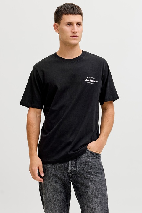 Jack & Jones, Kerek nyakú pamutpóló logóval, Fekete