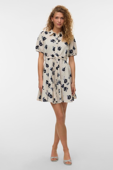 Vero Moda, Рокля тип риза от органичен памук с връзка, Крем/Тъмносин