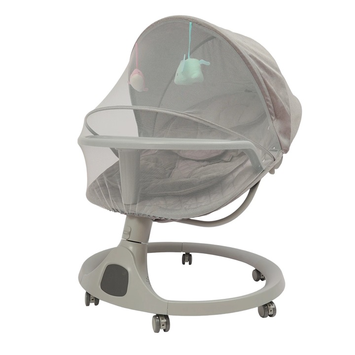 Leagan electric pentru bebelusi, Leagan tip patut, 5 viteze, Bluetooth, Telecomanda, Muzica, 0–18 luni, 20 kg, Gri