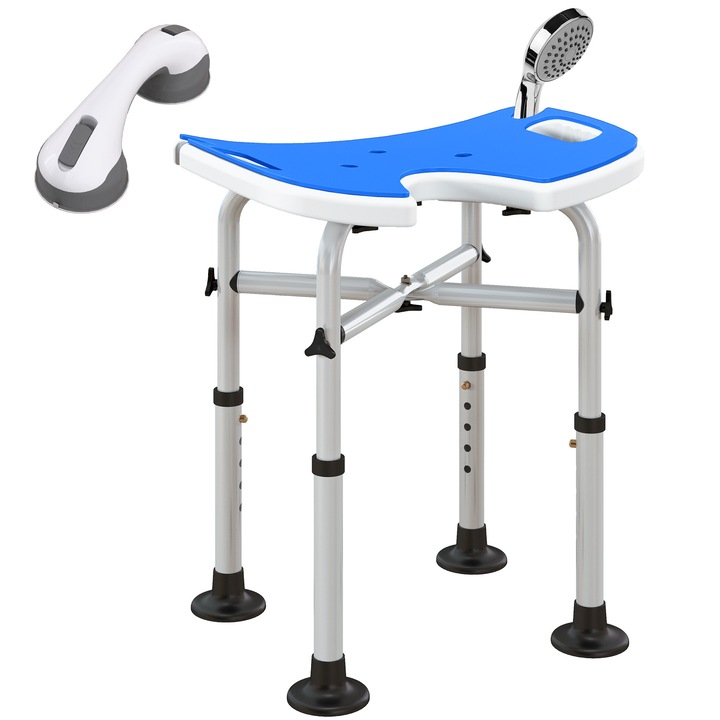 Scaun de duş Taburet pentru vârstnici, înălţime reglabilă 39-51, 5 cm, antiderapant, albastru, 150 kg