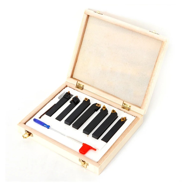 Set scule pentru strung, Cutite de strung/Suporturi, 7 piese, tija 16 mm, carbura, prindere mecanica, pentru strung de metal, negru