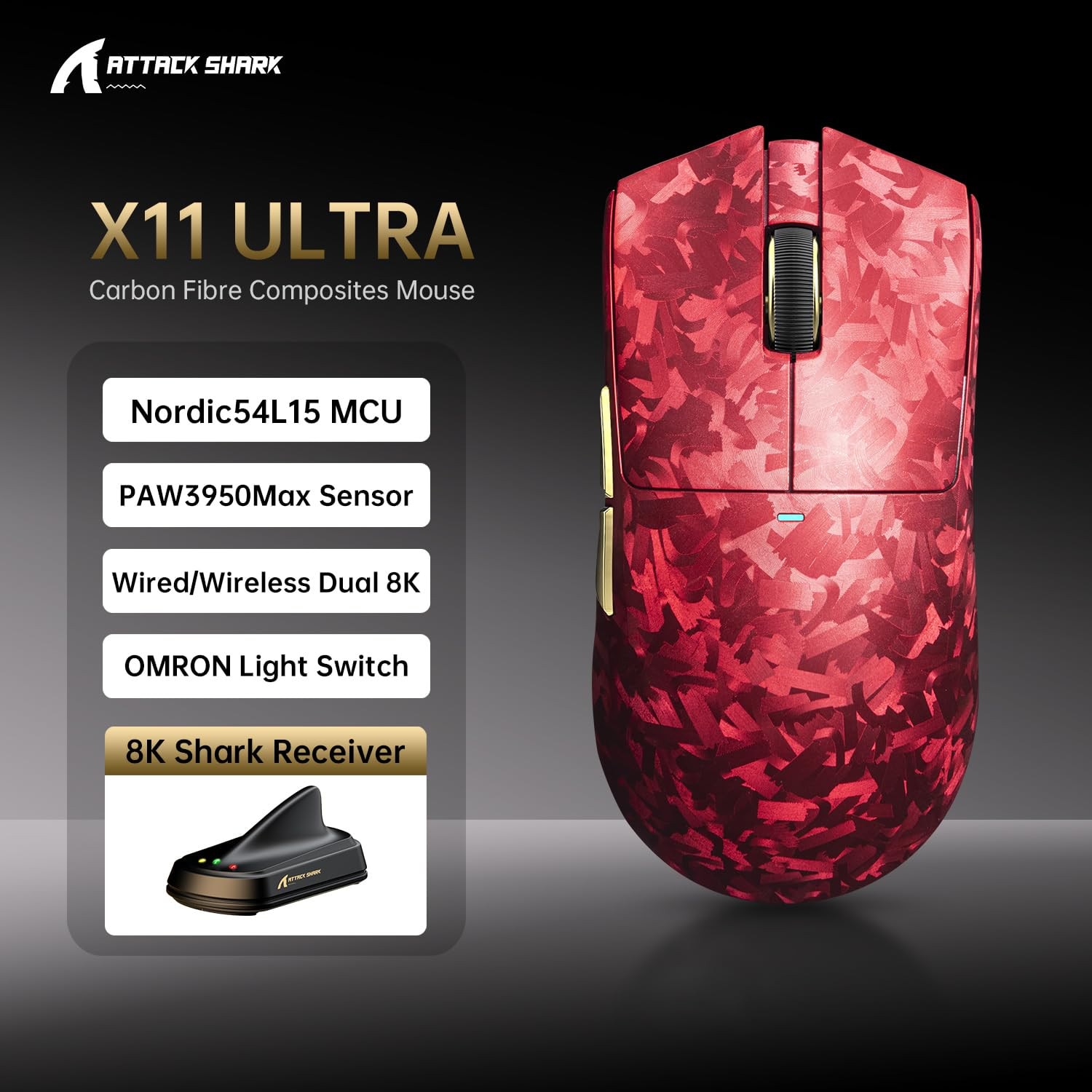 Mouse Gaming, ATTACK SHARK, Attack Shark X11 Ultra, roșu - eMAG.ro