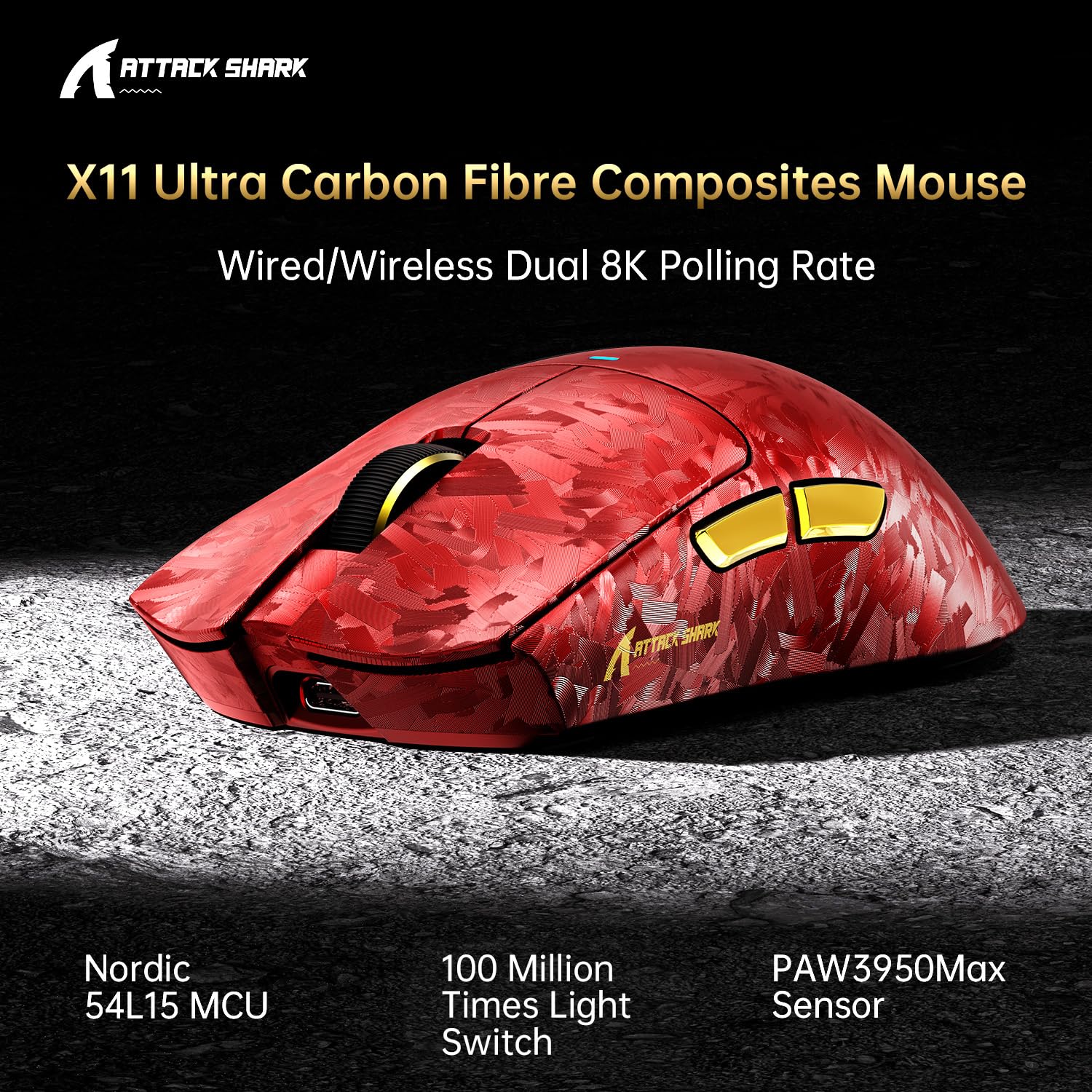 Mouse de gaming wireless ATTACK SHARK X11 Ultra 8K din fibra de