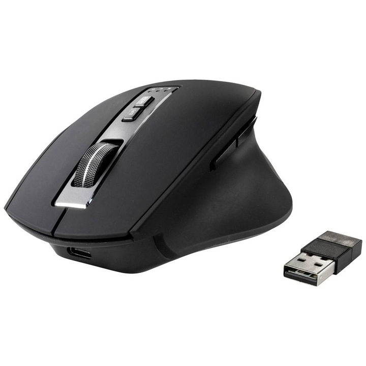 Mouse ergonomic Renkforce RF-WM-300 wireless, Bluetooth, negru/gri, 2400 dpi, 7 butoane, dimensiuni 49x122x83mm