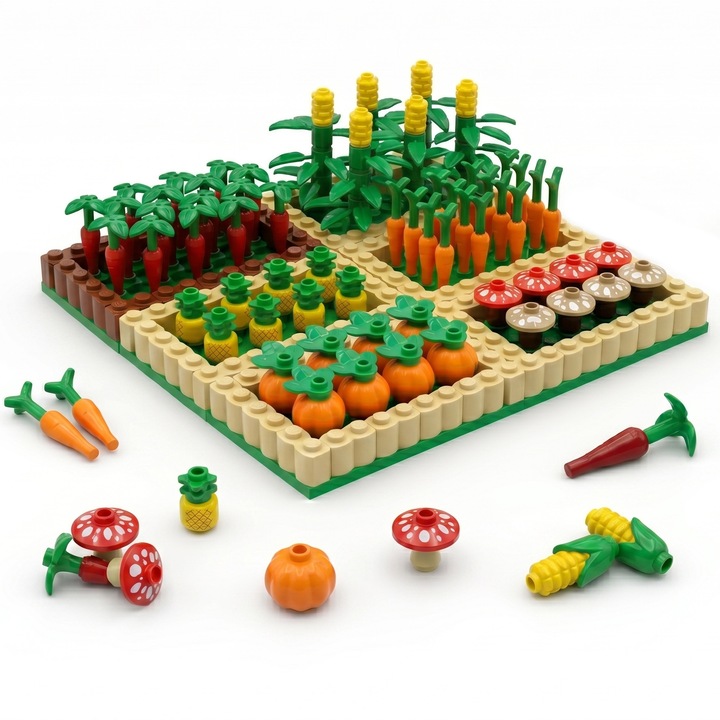 Set Constructie Gradina de Legume 6 in 1, Excitat®, 322 Piese, Porumb, Morcovi, Dovleac, Ananas si Ciuperci, Joc Educativ, Cadou Copii 3-12 Ani, Fara Manual