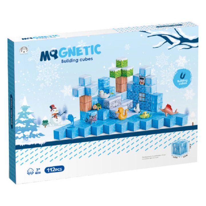 Set blocuri magnetice de construcție, 112 buc, animale marine înghețate, 3 ani