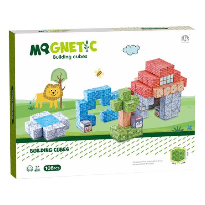 Cuburi magnetice de construcție, 108 buc/set, multicolor, pentru 6 ani