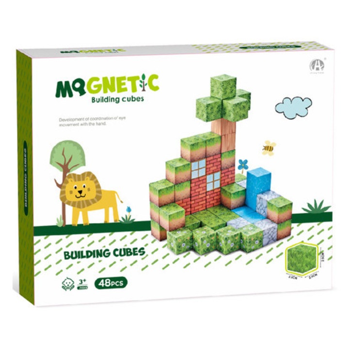 Cuburi magnetice de construcție, 48 buc, safari, 3 ani