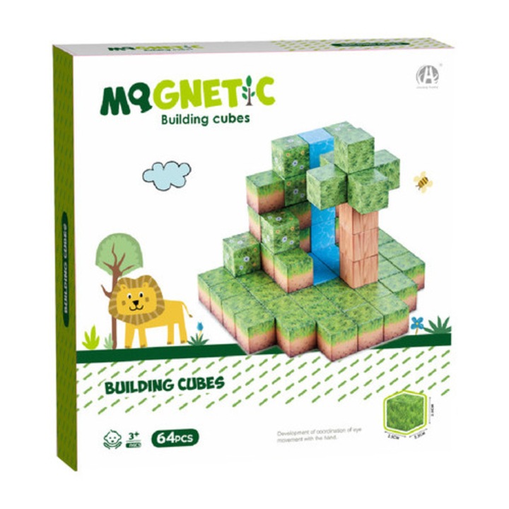 Set de caramizi magnetice de construcție Safari, 64 piese, pentru 3 ani