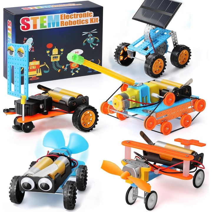 Set Constructie STEM 5 Roboti, Kit Educational DIY, 5 proiecte, plastic ABS, 6 ani