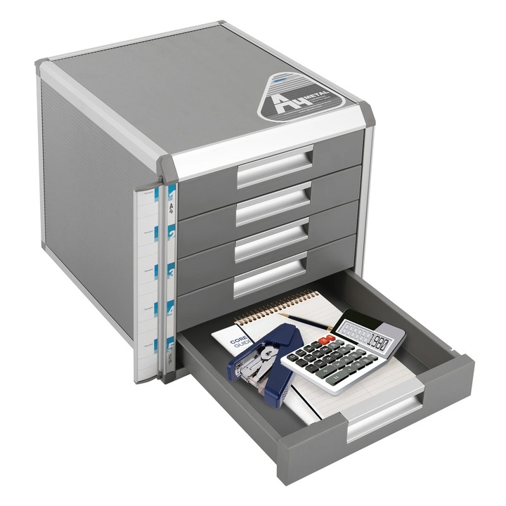 Organizator de birou, 5 sertare, argintiu-gri, dimensiune 31, 5x35x29, 8cm, cu incuietoare