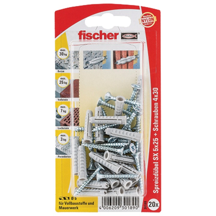 Set dibluri Fischer Kolek rozporowy SX 6x30mm cu suruburi 15 bucati