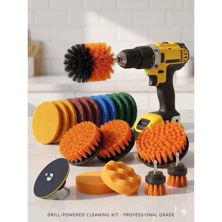 Set de curatare si polishare pentru bormasina Bigstren, 22 elemente, perii nailon, bureti polish, lavete abrazive, tije si prelungitor, pentru auto, baie, bucatarie si ateliere, 8mm, multicolor