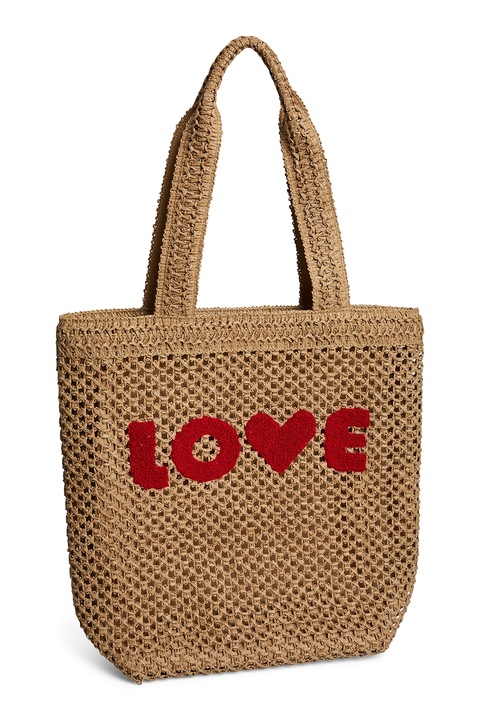 Pieces, Gabriela horgolt shopper fazonú táska hímzett felirattal, Karamellbarna