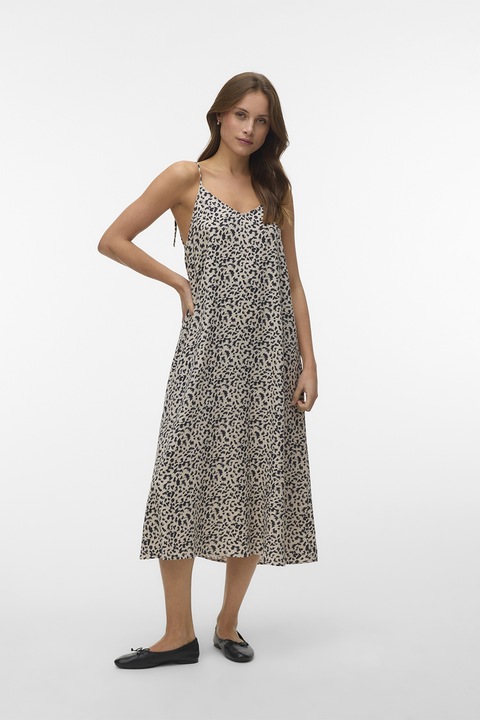 Vero Moda, Миди рокля с лен, Черен/Светло бежово