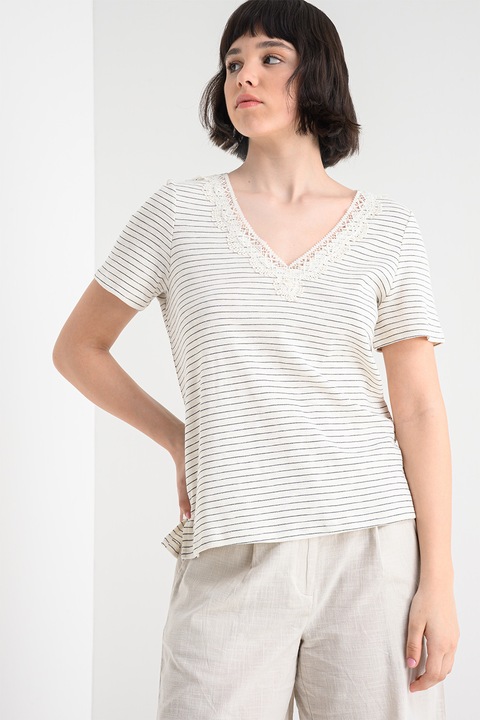 Vero Moda, Tricou cu decolteu in V Karoline, Alb fildes/Negru